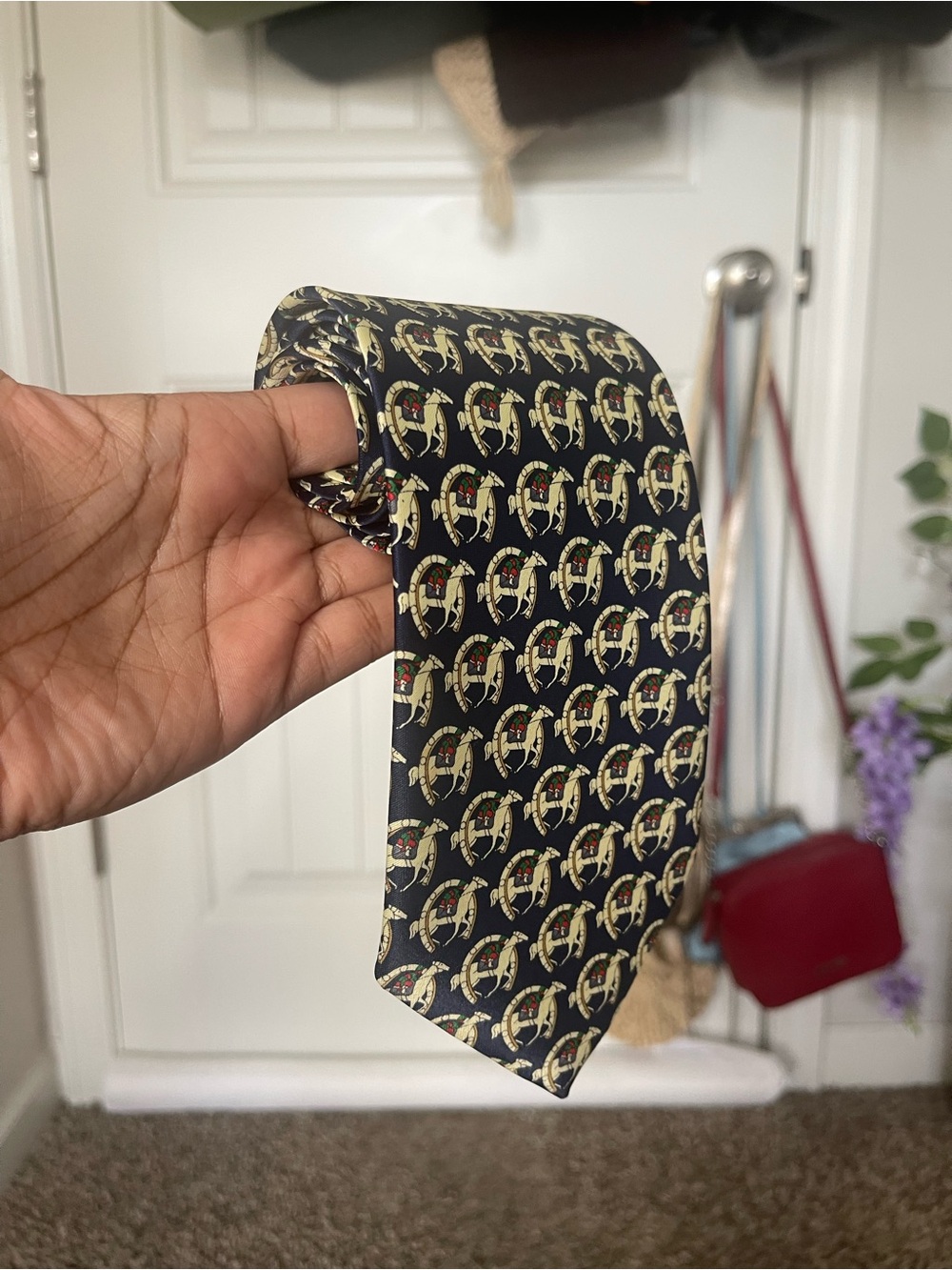 Rene Chagal Navy Horse & Horseshoe Hand Made Silk Men’s Tie - Picture 6 of 6